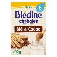 سرلاک Bledine گندم کاکائو 400 گرم – نمای اصلی بافت و ترکیب سرلاک گندم کاکائو مناسب نوزادان بالای 6 ماه بسته‌بندی 400 گرمی سرلاک بلدین