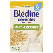 سرلاک Bledine گندم 400 گرم – نمای اصلی بافت و ترکیب سرلاک گندم مناسب نوزادان بالای 6 ماه بسته‌بندی 400 گرمی سرلاک بلدین